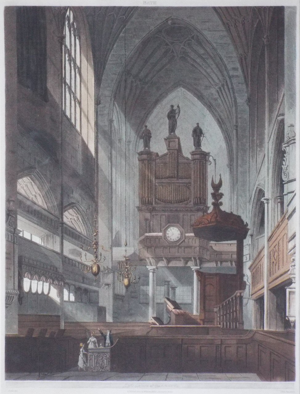 Aquatint - Bath. Interior of the Abbey. - Hill